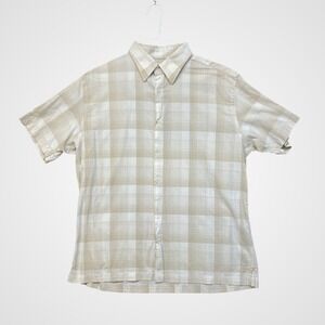 Perry Ellis Button Down Shirt Mens Large Beige Plaid Short Sleeve  Cotton